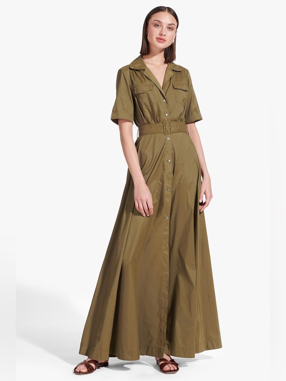STAUD Megan Markel Millie Belted Shirt Dress in Green Caper